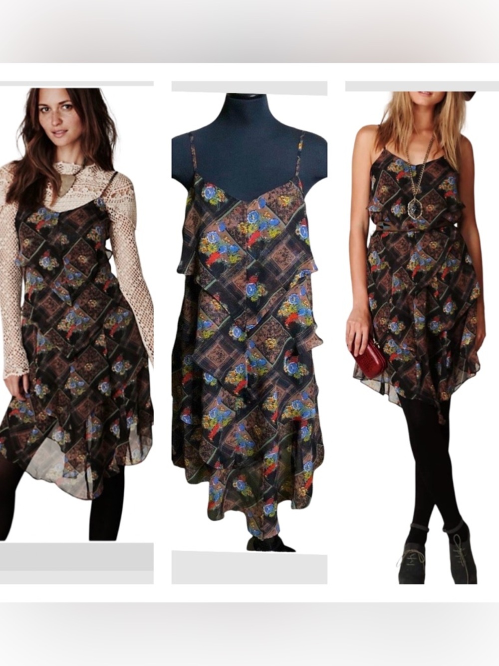 🖤✨ Free People “Daisy Chain” Floral Plaid Ruffled Tiered Midi Dress – Size 8 ✨🖤